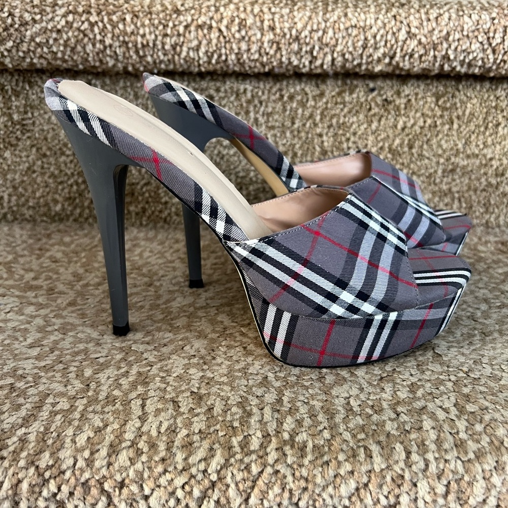 Plaid High Heel Mules